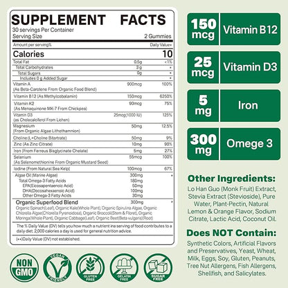 Multivitamin for Vegans & Vegetarians w/ Vitamin D3 K2, Methyl B12, Iron, Zinc, Choline, Algae Omega 3 from Sustainable Source, Women Men Daily Vitamins Gummies for Overall Wellness, No Sugar, 60 Cts