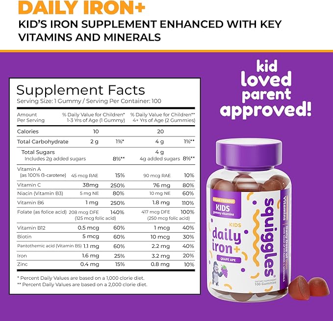 Squiggles Kids Daily Iron+ Gummies, Gummy Vitamin with Iron and Low Sugar, Boost of Vitamins, Minerals and Iron, Vegan Supplement, Chewy Yummy Gummies, Grape Flavor, 100 Gummies