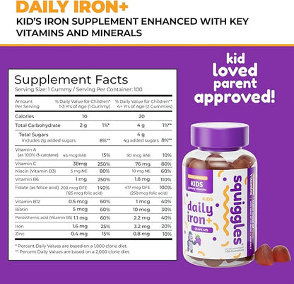 Squiggles Kids Daily Iron+ Gummies, Gummy Vitamin with Iron and Low Sugar, Boost of Vitamins, Minerals and Iron, Vegan Supplement, Chewy Yummy Gummies, Grape Flavor, 100 Gummies