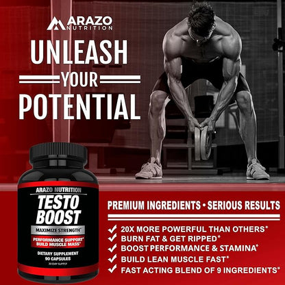 Arazo Nutrition TestoBoost Test Booster Supplement - Potent & Natural Herbal Pills - Boost Muscle Growth - Tribulus, Epimedium, Hawthorn, Zinc, Minerals