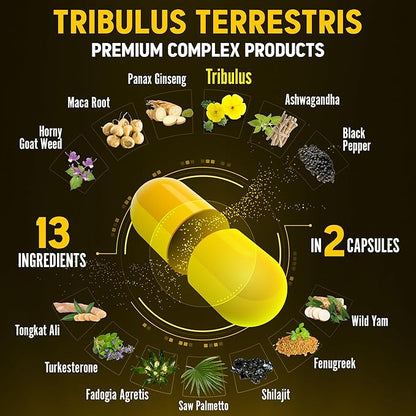 Zolotus 13in1 Tribulus Terrestris Capsules with Maca, Horny Goat Weed, Panax Ginseng, Saw Palmetto, Tongkat Ali, Shilajit & More - Energy, Stamina Supplement for Men & Women - 120 Counts