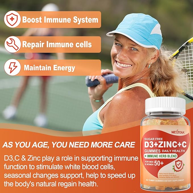 Sugar Free Vitamin C + D3 + Zinc Gummies for Adults 50 +, 9 in 1 Immune Defense Supplement with D3 5000IU, Elderberry, Echinacea, Mullein Leaf for Boost Immunity, Power Antioxidant, Vegan (Pack of 1)