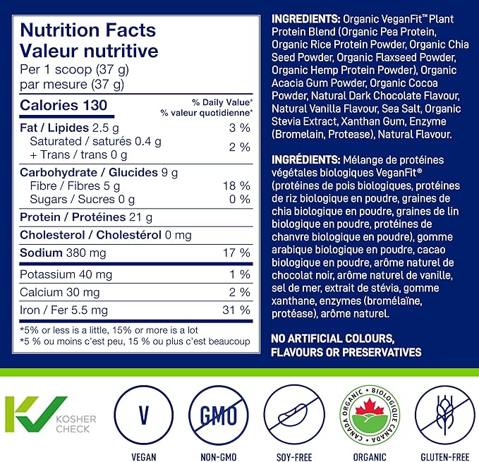 LeanFit Organic Plant-Based Protein Powder, Natural Chocolate Flavor - Vegan, USDA Organic Certified, Soy-Free, Gluten-Free, Dairy-Free, Sugar-Free, Non-GMO - 21g Protein, 18 Servings, 1.58 Pound Tub