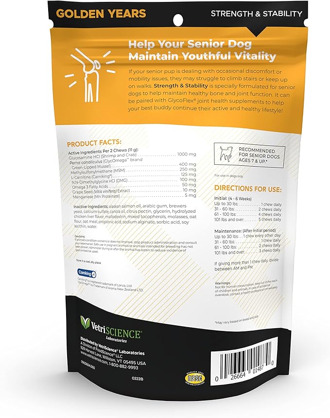 VetriScience Golden Years Strength and Stability Hip and Joint Chews for Senior Dogs, Chicken, 60 Chews - Limping, Mobility, Running and Jumping Support for Senior Dogs