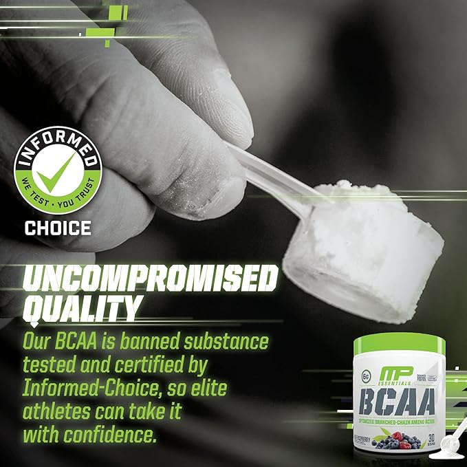 MusclePharm Essentials BCAA Powder, Pre & Post Workout Recovery Drink, Supports Muscle Recovery & Energy Production, Essential Amino Acids Supplement, 30 Servings, Blue Raspberry Flavor