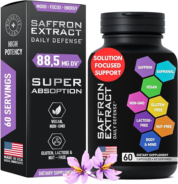 Optimized Saffron Supplements - 88.5mg Pure Saffron Extract for Mood Support, Focus, Energy - Happy Saffron Plus Crocin, Crocetin, Kaempferol - Gluten-Free, Non-GMO - 1-a-Day 60 Vegan Saffron Capsules