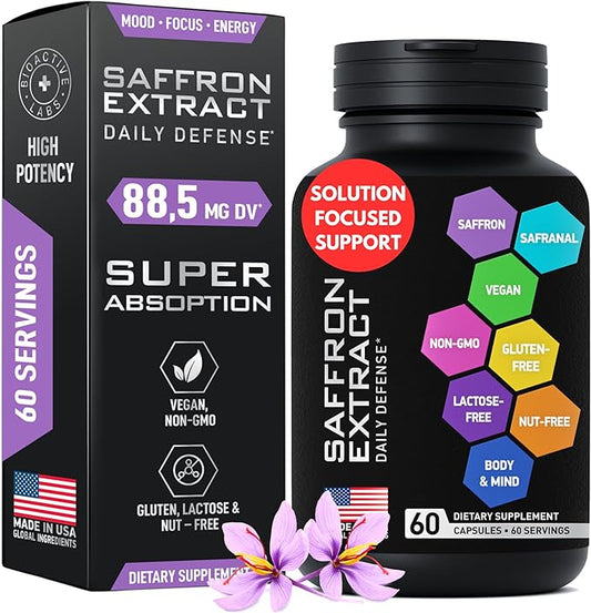 Optimized Saffron Supplements - 88.5mg Pure Saffron Extract for Mood Support, Focus, Energy - Happy Saffron Plus Crocin, Crocetin, Kaempferol - Gluten-Free, Non-GMO - 1-a-Day 60 Vegan Saffron Capsules