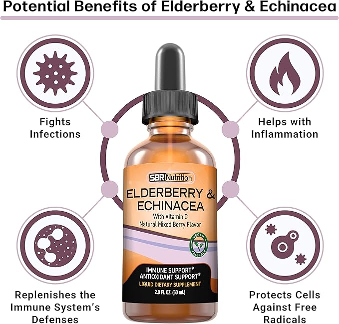 SBR Nutrition Immune Support Liquid Dietary Supplement for Adults, Elderberry and Echinacea with Vitamin C, Organic, Vegan Sambucus Extract Immune System Booster, 2 oz (60 mL)