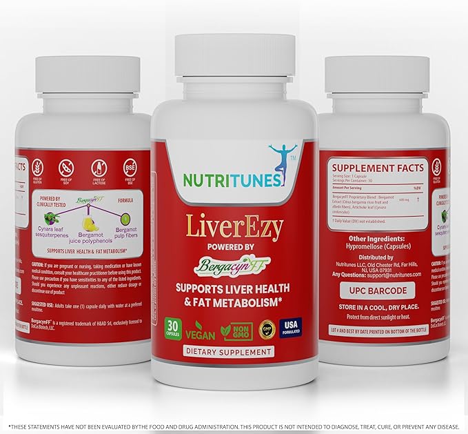 LiverEzy Liver Support & Fat Metabolism Supplement with Bergacyn FF (Bergamot and Artichoke Proprietary Blend) – Non-GMO, Vegan, GMP-Compliant – 30 Capsules, 30-Day Supply