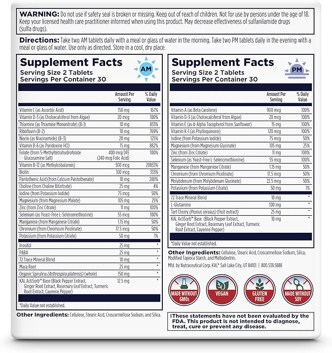 KAL Men's Multivitamin AM/PM, Antioxidants Supplement, Muscle, Immune, Electrolyte Balance, Overall Wellness Support, Made Without GMOs and Soy, Vegan, 30 Servings, 120 Tablets