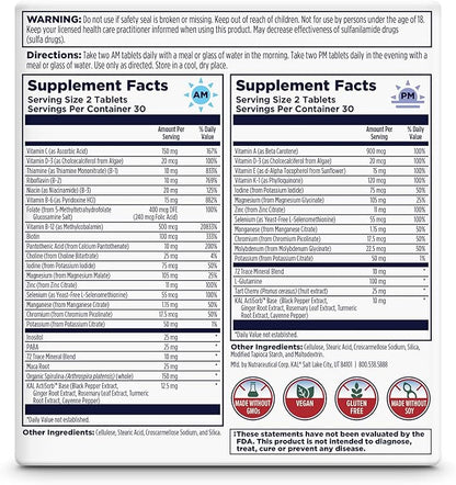 KAL Men's Multivitamin AM/PM, Antioxidants Supplement, Muscle, Immune, Electrolyte Balance, Overall Wellness Support, Made Without GMOs and Soy, Vegan, 30 Servings, 120 Tablets