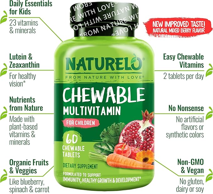NATURELO Chewable Vitamin for Kids – Multivitamin with Whole Food Organic Fruit Blend - 60 Tablets for Children
