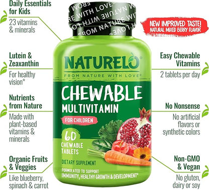 NATURELO Chewable Vitamin for Kids – Multivitamin with Whole Food Organic Fruit Blend - 60 Tablets for Children