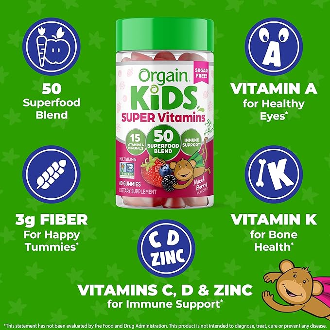 Orgain Kids Sugar Free Multivitamin Gummies, Vegan & Plant Based, 50 Superfoods, 15 Vitamins and Minerals, Immune Support and 3g of Fiber, Mixed Berry, Ages 4+, 1 Month Supply (60 Gummies)