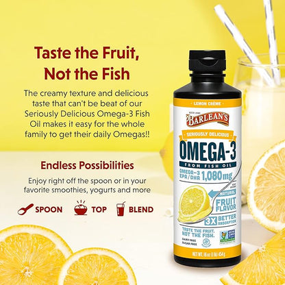 Barlean's Lemon Crème Omega 3 Fish Oil Liquid Supplement, 1080mg of Omega 3 EPA & DHA Fatty Acid, Smoothie Flavored & Burpless for Brain, Joint, & Heart Health, 16 oz