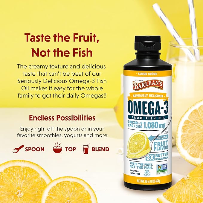 Barlean's Lemon Crème Omega 3 Fish Oil Liquid Supplement, 1080mg of Omega 3 EPA & DHA Fatty Acid, Smoothie Flavored & Burpless for Brain, Joint, & Heart Health, 16 oz