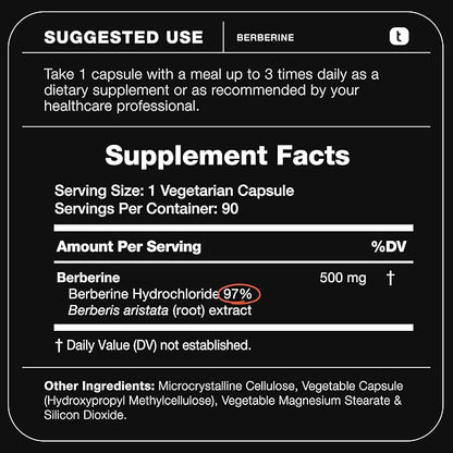 Ultra High Strength Berberine HCl 500mg from The Himalayas - Berberine Supplement - 97% Tested Purity Extract - Wild Harvested - Concentrated Berberine 500mg Supplements -90 Veggie Capsules