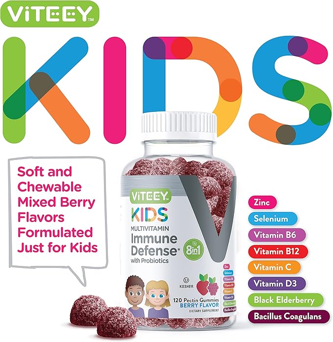 Kids Multivitamin Gummies with Probiotics - 8-1 Kids Vitamins for Immune Health Support with Vitamin C, D3, B12, B6, Zinc, Elderberry, Selenium - Vegetarian - Chewable Tasty Berry Flavored Gummy