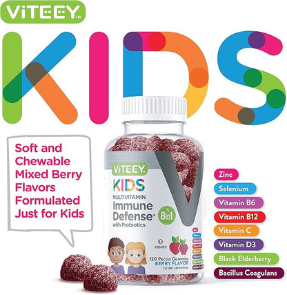 Kids Multivitamin Gummies with Probiotics - 8-1 Kids Vitamins for Immune Health Support with Vitamin C, D3, B12, B6, Zinc, Elderberry, Selenium - Vegetarian - Chewable Tasty Berry Flavored Gummy