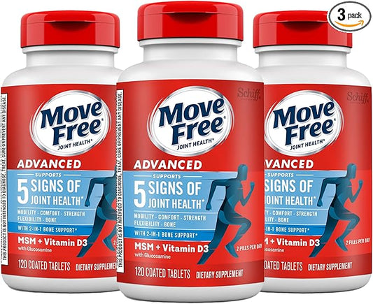 Move Free Advanced Glucosamine Chondroitin MSM + Vitamin D3 Joint Support Supplement, Supports Mobility Comfort Strength Flexibility & Bone + Immune Health - Tablet, 3x120ct Bottles (120 servings)*