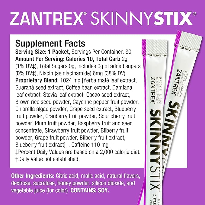 Zantrex SkinnyStix Energy Powder – Lose Weight, GLP-1, Appetite Suppressant, Boost Mood – 10 Calories – Yerba Mate, Coffee Bean – 30 Stix, Berry