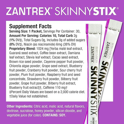 Zantrex SkinnyStix Energy Powder – Lose Weight, GLP-1, Appetite Suppressant, Boost Mood – 10 Calories – Yerba Mate, Coffee Bean – 30 Stix, Berry