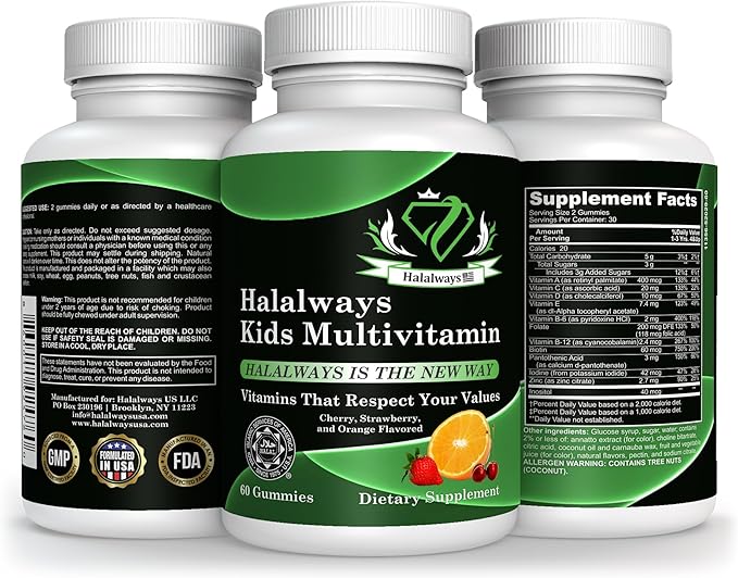 Halalways Kids Daily Gummy Halal Certified Multivitamin for Kids, Vitamin C, D3 and Much More for Immune Support Cherry, Strawberry, Orange Flavors Certified Halal Supplement