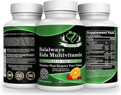 Halalways Kids Daily Gummy Halal Certified Multivitamin for Kids, Vitamin C, D3 and Much More for Immune Support Cherry, Strawberry, Orange Flavors Certified Halal Supplement