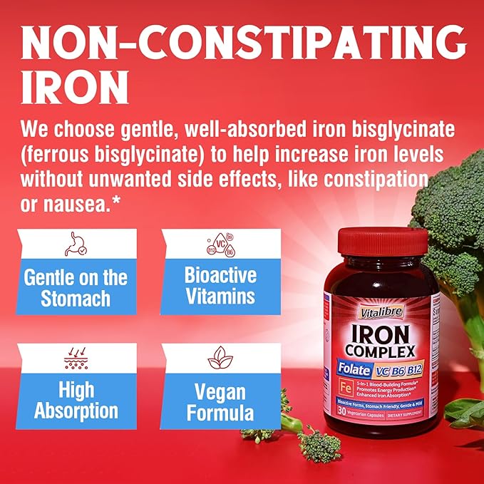 Iron Supplement for Women & Men, with Vitamins C, B6, B12 & Folate for Iron Deficiency, Blood Building & Energy Support, Stomach Friendly, Better Absorption, Non-GMO, No Gluten, 30 Vegan Caps