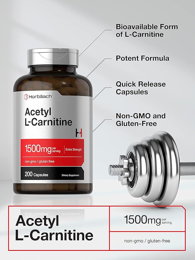 Horbäach Acetyl L-Carnitine 1500mg | 200 Capsules | Extra Strength Supplement | Non-GMO & Gluten Free