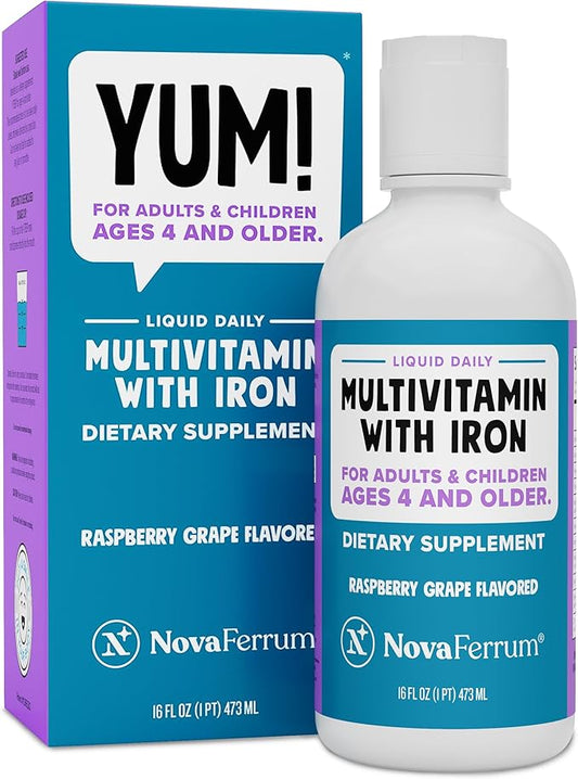 NovaFerrum Yum 16 Fl Oz | Multivitamin with Iron for Women, Men & Kids | Gluten Free Certified | Sugar Free | Ages 4 & Up | Raspberry Grape