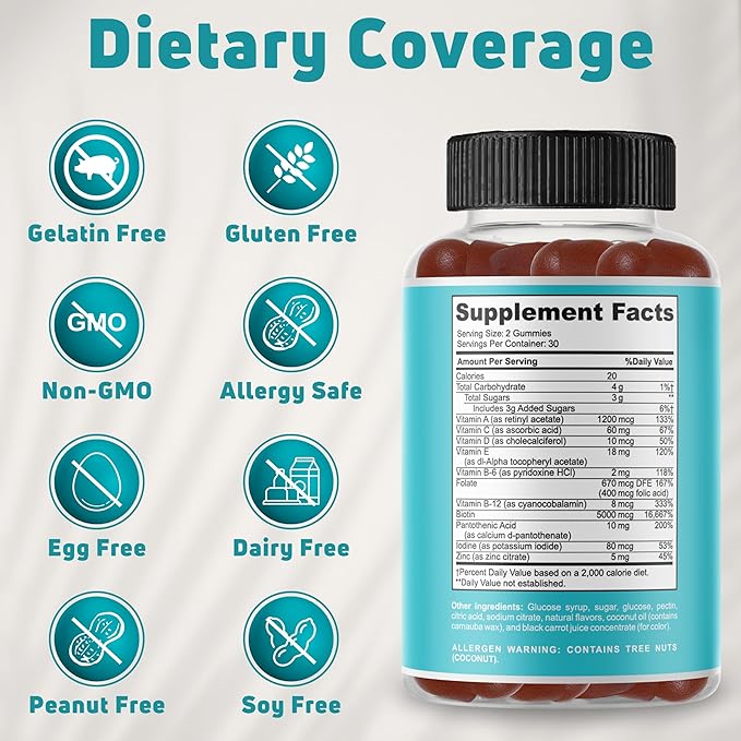 Men & Women Multivitamin Gummies. A well rounded daily gummy multivitamins with Biotin 5000 mcg. Non-GMO, 60 Count, 30 Servings. Multi Vitamin for adults for Immune Support, Overall Wellness