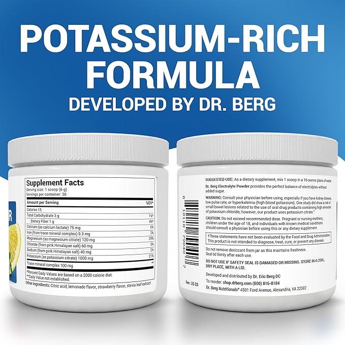 Dr. Berg Zero Sugar Hydration Keto Electrolyte Powder - Enhanced w/ 1000 mg of Potassium & Real Pink Himalayan Salt (NOT Table Salt) - Strawberry & Lemonade Hydration Drink Supplement - 50 Servings