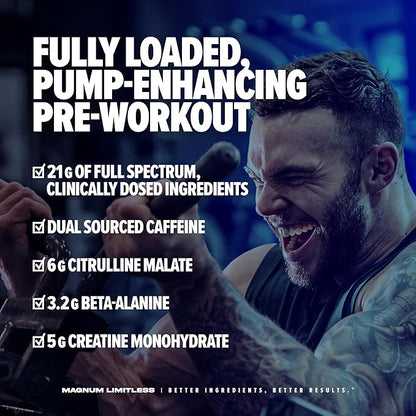 LIMITLESS Magnum 504g - Muscle Workout Powder, Sport Pre Workout for Men and Women, May Assist & Support Increase Energy, Focus, and Endurance - Peach Mango Rush