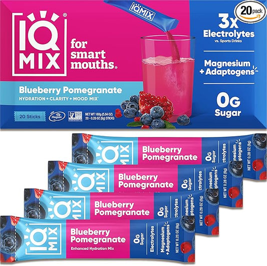 IQMIX Sugar Free Electrolytes Powder Packets - Hydration Supplement Drink Mix with Keto Electrolytes, Lions Mane, Magnesium L-Threonate, and Potassium Citrate - Blueberry Pomegranate (20 Count)
