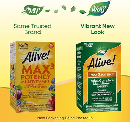 Nature's Way Alive! Max3 Potency Adult Complete Multivitamin, High Potency B-Vitamins to Support Energy Metabolism*, with Methylated B12 and Folate, No Added Iron, 90 Tablets (Packaging May Vary)