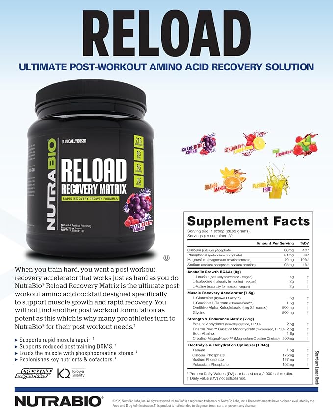 NutraBio Reload - Powerful Muscular Recovery Formula - Post-Workout Supplement - 3G Creatine - 8G BCAAs - 5G Glutamine - 30 Servings, Orange Mango