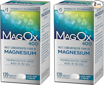 Mag-Ox 400 Magnesium Supplement, Pharmaceutical Grade Magnesium Oxide, Most Concentrated Form of Magnesium, 483mg, 240 Tablets (2 Packs of 120 Tablets)