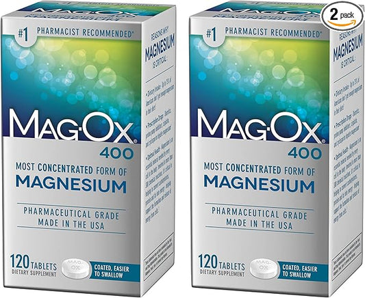 Mag-Ox 400 Magnesium Supplement, Pharmaceutical Grade Magnesium Oxide, Most Concentrated Form of Magnesium, 483mg, 240 Tablets (2 Packs of 120 Tablets)
