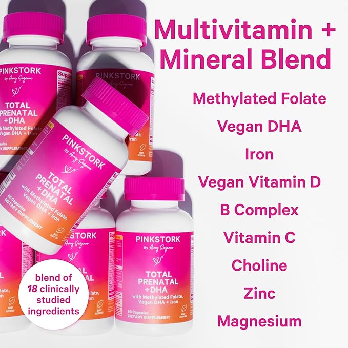 Pink Stork Total Prenatal Vitamins with DHA, Folate, Iron, Choline, and Vitamin B12 - Preconception Nutrition - Prenatals for Women, Pregnancy Must Haves - Mint Essence, 60 Capsules, 1 Month Supply