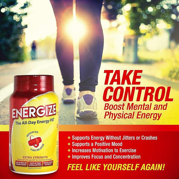 Energize Extra Strength Caffeine Pills, Fast Acting Long-Lasting Energy Pill with Extended Time Release Caffeine, Improved Clarity & Energy Support for Men & Women, No Jitters, No Crash (60 Tablets)