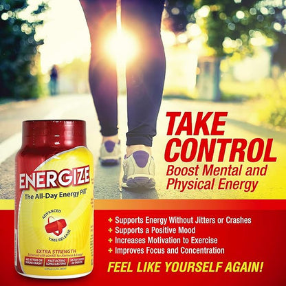 Energize Extra Strength Caffeine Pills, Fast Acting Long-Lasting Energy Pill with Extended Time Release Caffeine, Improved Clarity & Energy Support for Men & Women, No Jitters, No Crash (60 Tablets)