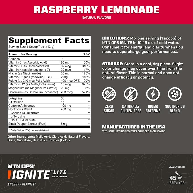 MTN OPS Ignite Lite Supercharged Energy Drink Mix - 100mg Caffeine, 45-Serving Tub, Raspberry Lemonade Flavor