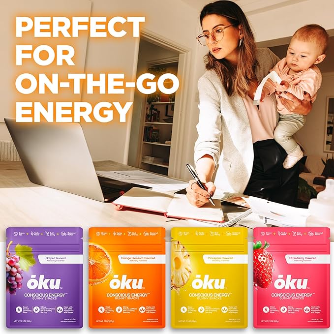 ōku Conscious Energy Gummy Snacks – Natural Caffeine from Green Tea & Yerba Mate, Vegan, Clean Ingredients, Gluten-Free, Focused Energy, Antioxidants & Fiber, Orange Blossom Pack of 12