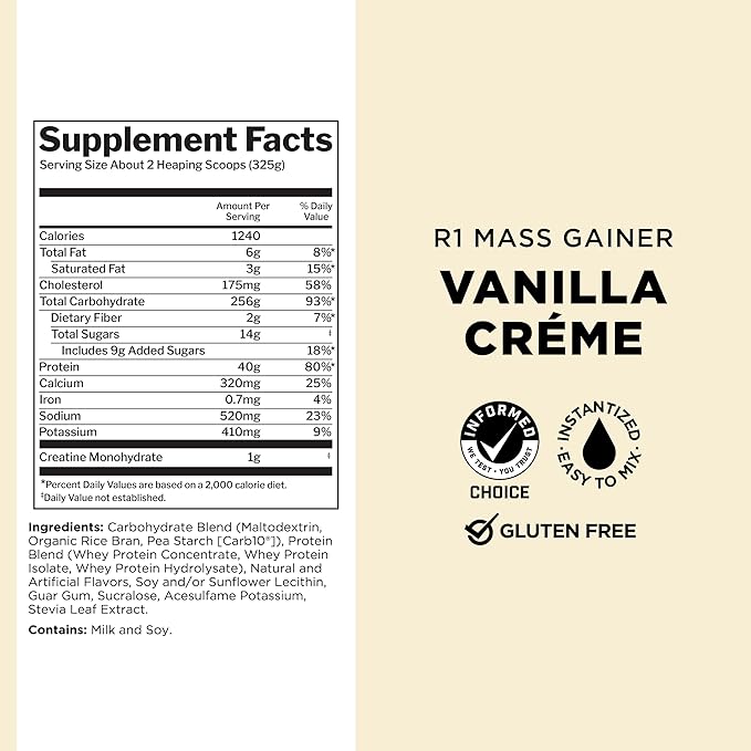 Rule One Proteins, Mass Gainer - Vanilla Crème, High-Calorie Weight Gain Formula with 1,220+ Calories, 250g+ Complex Carb Blend, 40g All-Whey Protein, 8g of Fat Per Serving, 12 Pounds, 16 Servings