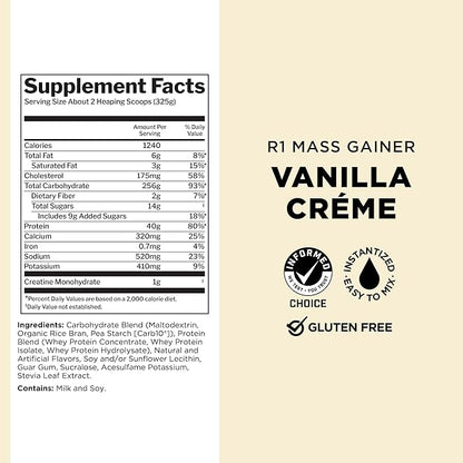 Rule One Proteins, Mass Gainer - Vanilla Crème, High-Calorie Weight Gain Formula with 1,220+ Calories, 250g+ Complex Carb Blend, 40g All-Whey Protein, 8g of Fat Per Serving, 12 Pounds, 16 Servings