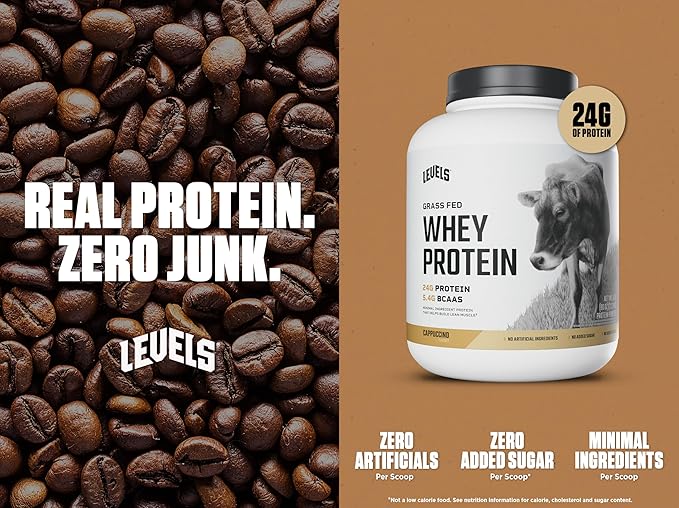 Levels Grass Fed Whey Protein Powder, No Artificials, 24G of Protein, Cappuccino, 5LB