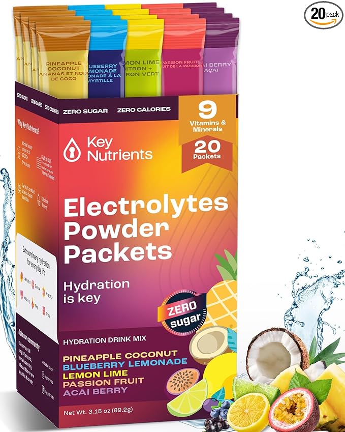 KEY NUTRIENTS Electrolytes Powder Packets No Sugar - 5 Delicious Flavors in Hydration Packets 20 Pack - No Calories, Gluten Free Electrolytes Powder Packets, Non GMO, Made in USA