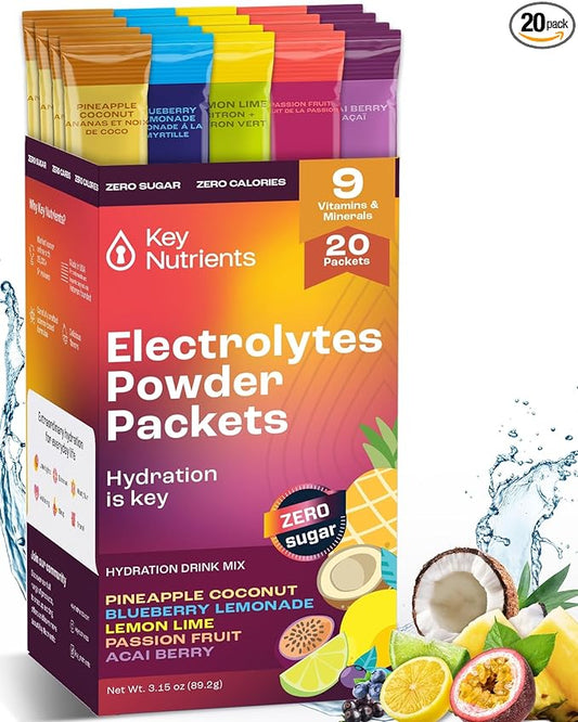 KEY NUTRIENTS Electrolytes Powder Packets No Sugar - 5 Delicious Flavors in Hydration Packets 20 Pack - No Calories, Gluten Free Electrolytes Powder Packets, Non GMO, Made in USA