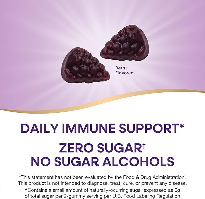 Nature’s Way Sambucus Zero Sugar Immune Gummies, Daily Immune Support*, Black Elderberry Extract, Vitamin C, Vitamin D3, Zinc, Sugar Free, Sugar Alcohol Free, Plant-Based Sweeteners, 70 Gummies